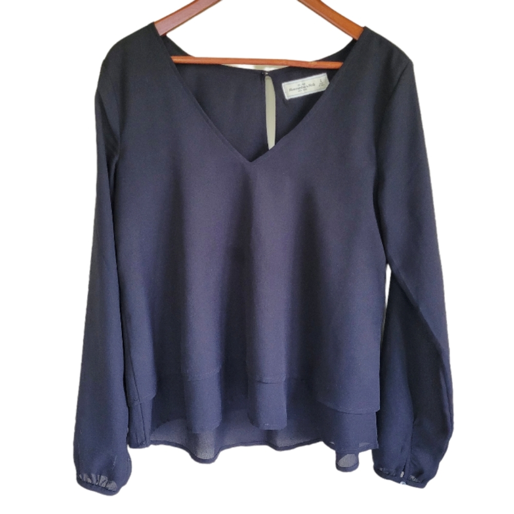 A&F Vneck Long Sleeve Sheer Flowy Top Black Women's Small